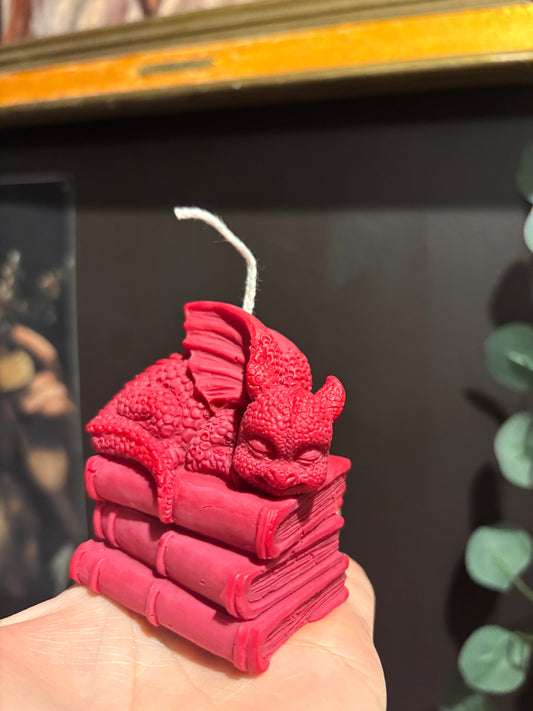 Bougie artisanale en forme de dragon et livres – À fondre ou à garder en décoration.