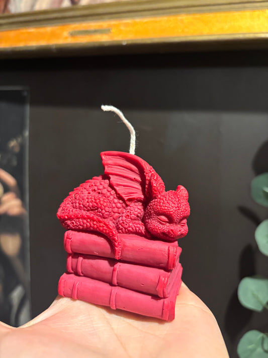 Bougie artisanale en forme de dragon et livres – À fondre ou à garder en décoration.